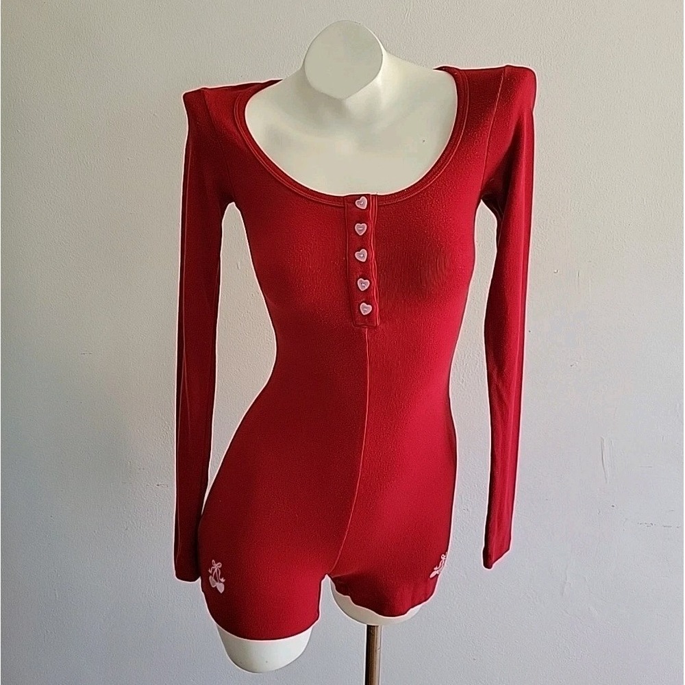 Voight Pajama Romper‎ Red Cherry Hearts Long Sleeve Casual Coquette Lounge
